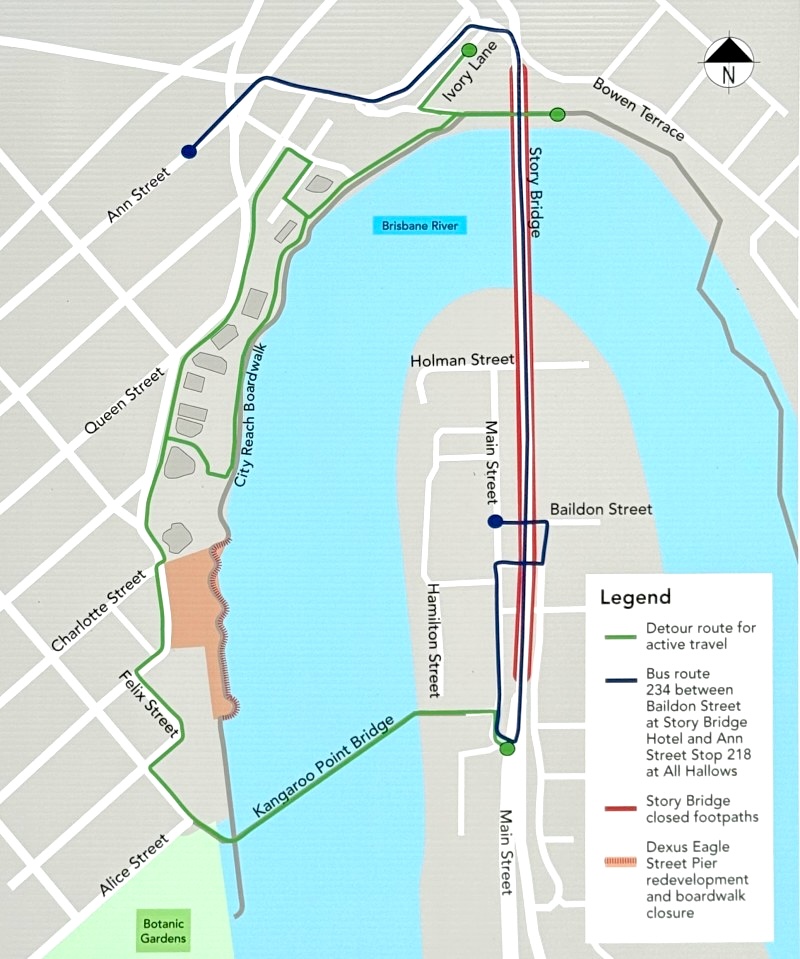 Map showing the alternative route for cyclists around the Story Bridge closure